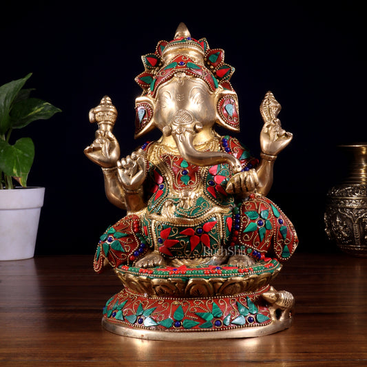 Pure Brass Lord Ganesha Idol – Intricate Floral Stonework (9.5 Inch)