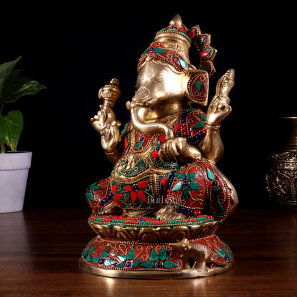 Pure Brass Lord Ganesha Idol – Intricate Floral Stonework (9.5 Inch)
