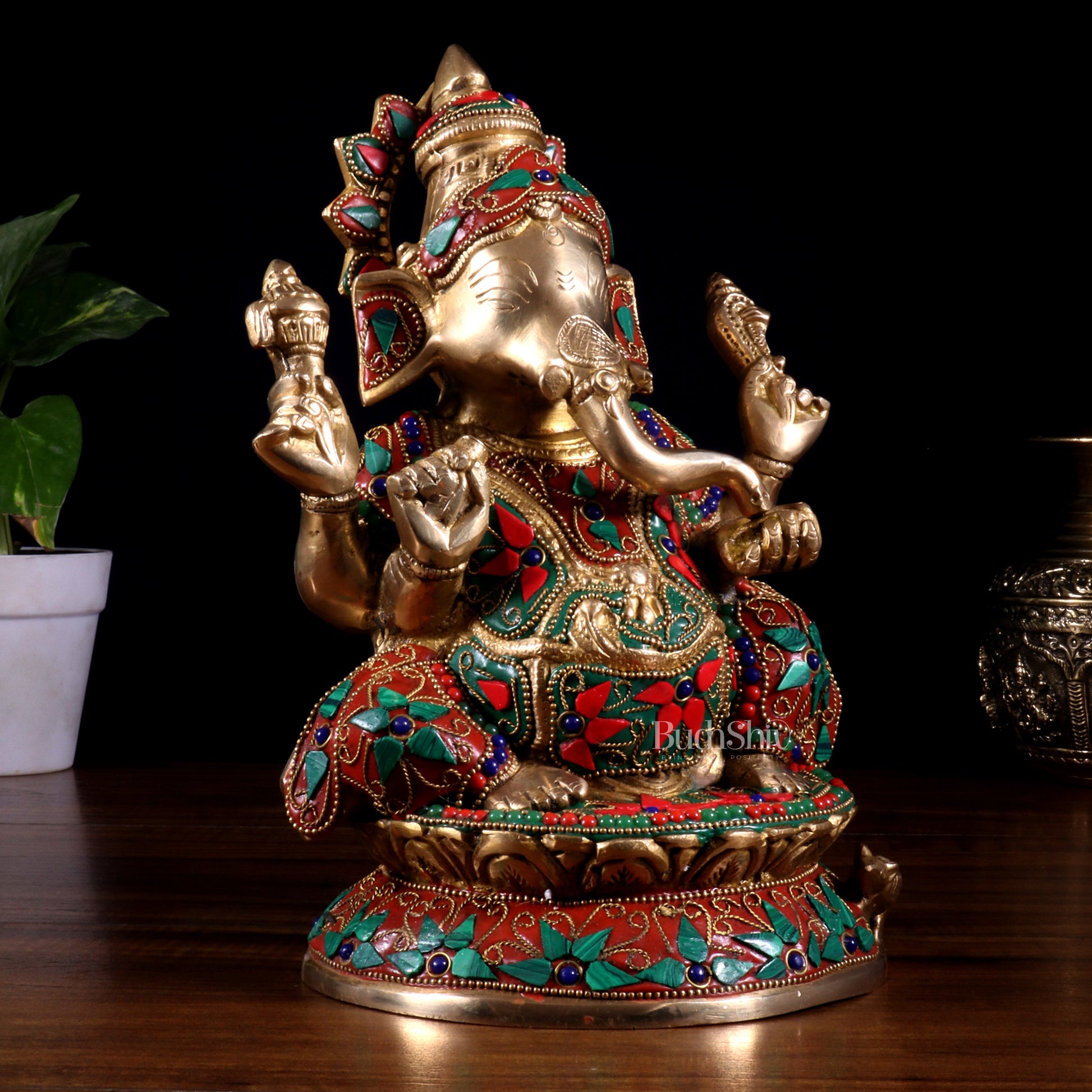 Pure Brass Lord Ganesha Idol – Intricate Floral Stonework (9.5 Inch)