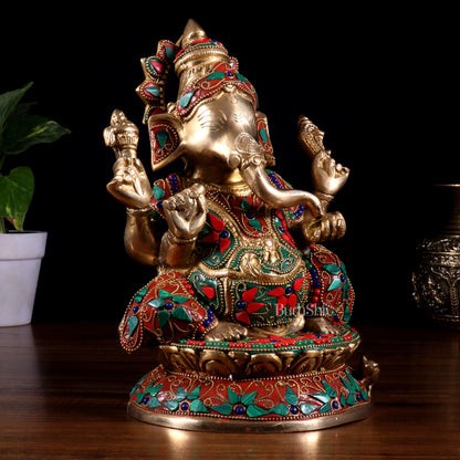 Pure Brass Lord Ganesha Idol – Intricate Floral Stonework (9.5 Inch)