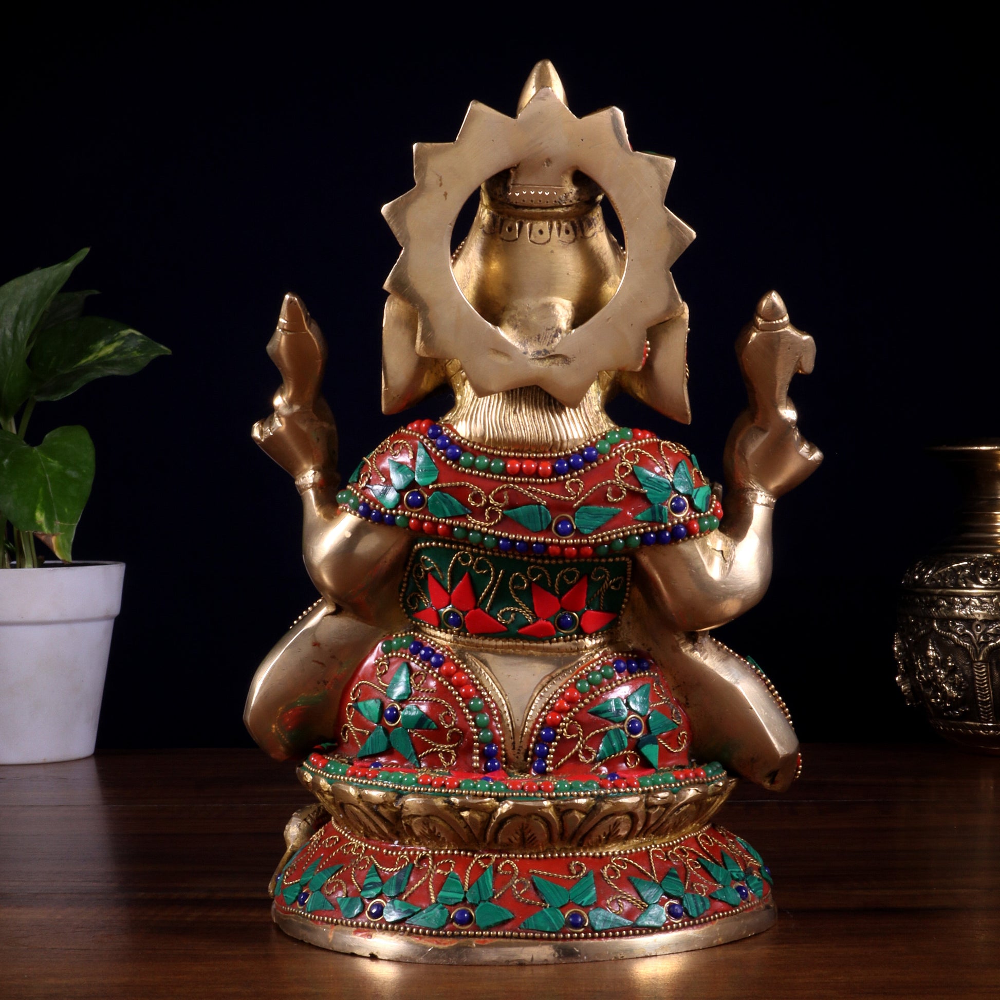 Pure Brass Lord Ganesha Idol – Intricate Floral Stonework (9.5 Inch)