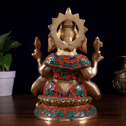 Pure Brass Lord Ganesha Idol – Intricate Floral Stonework (9.5 Inch)