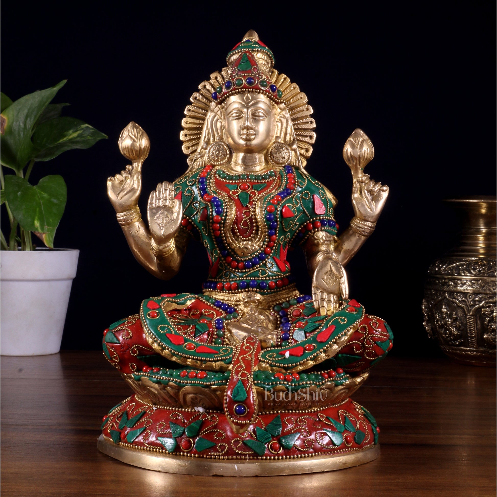 Pure Brass Goddess Lakshmi Idol – Intricate Floral Stonework 9 Inch