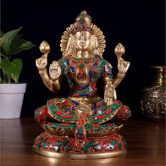Pure Brass Goddess Lakshmi Idol – Intricate Floral Stonework 9 Inch