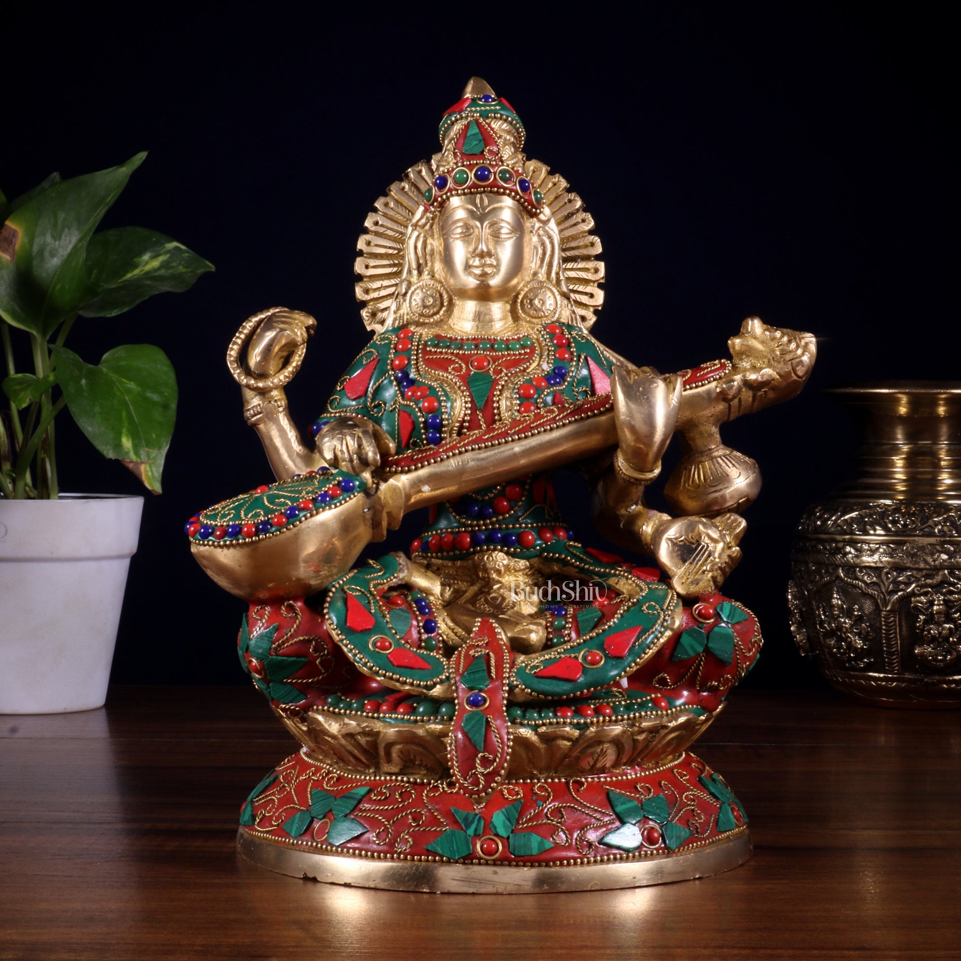 Pure Brass Goddess Saraswati Idol – Intricate Floral Stonework 9 Inch