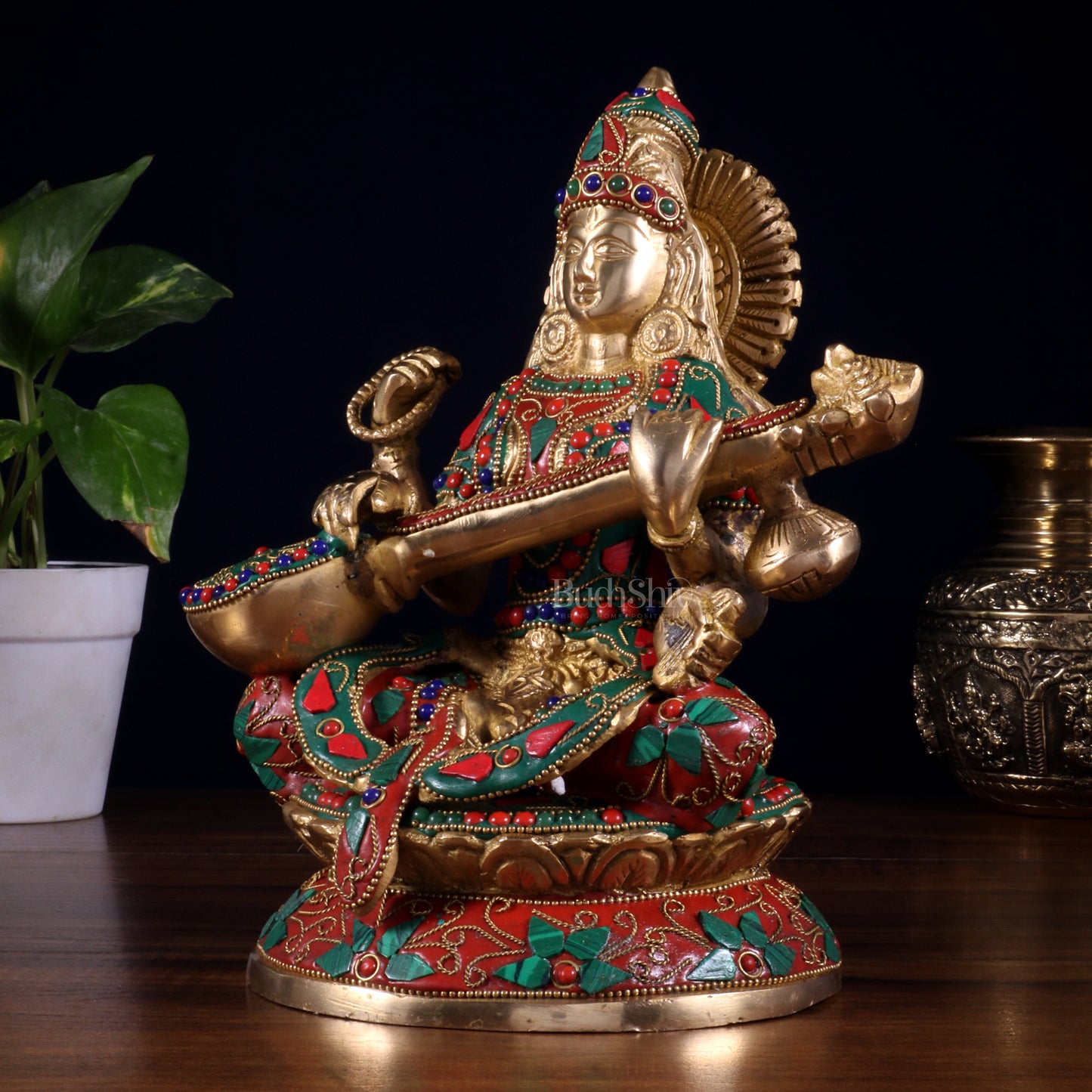 Pure Brass Goddess Saraswati Idol – Intricate Floral Stonework 9 Inch