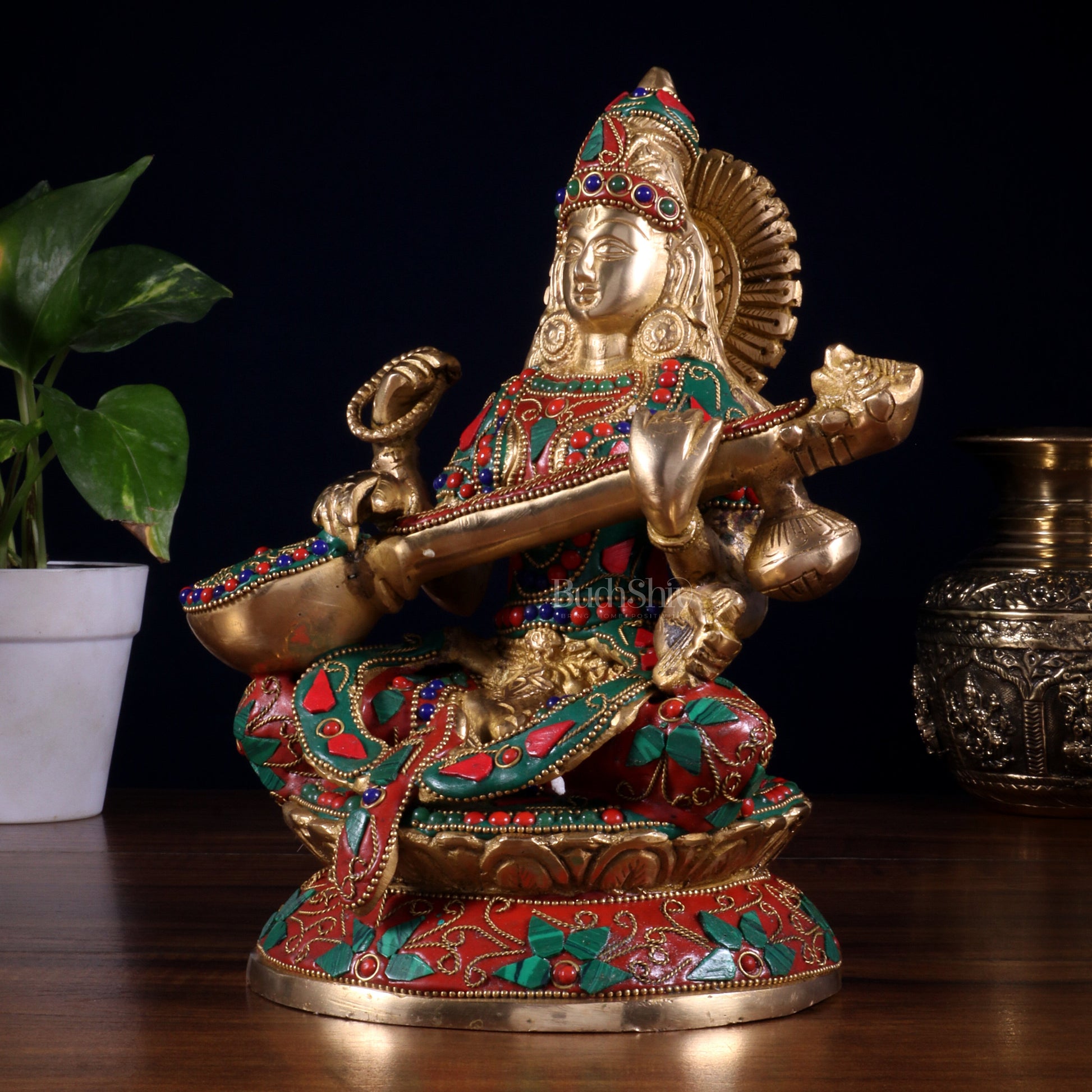 Pure Brass Goddess Saraswati Idol – Intricate Floral Stonework 9 Inch