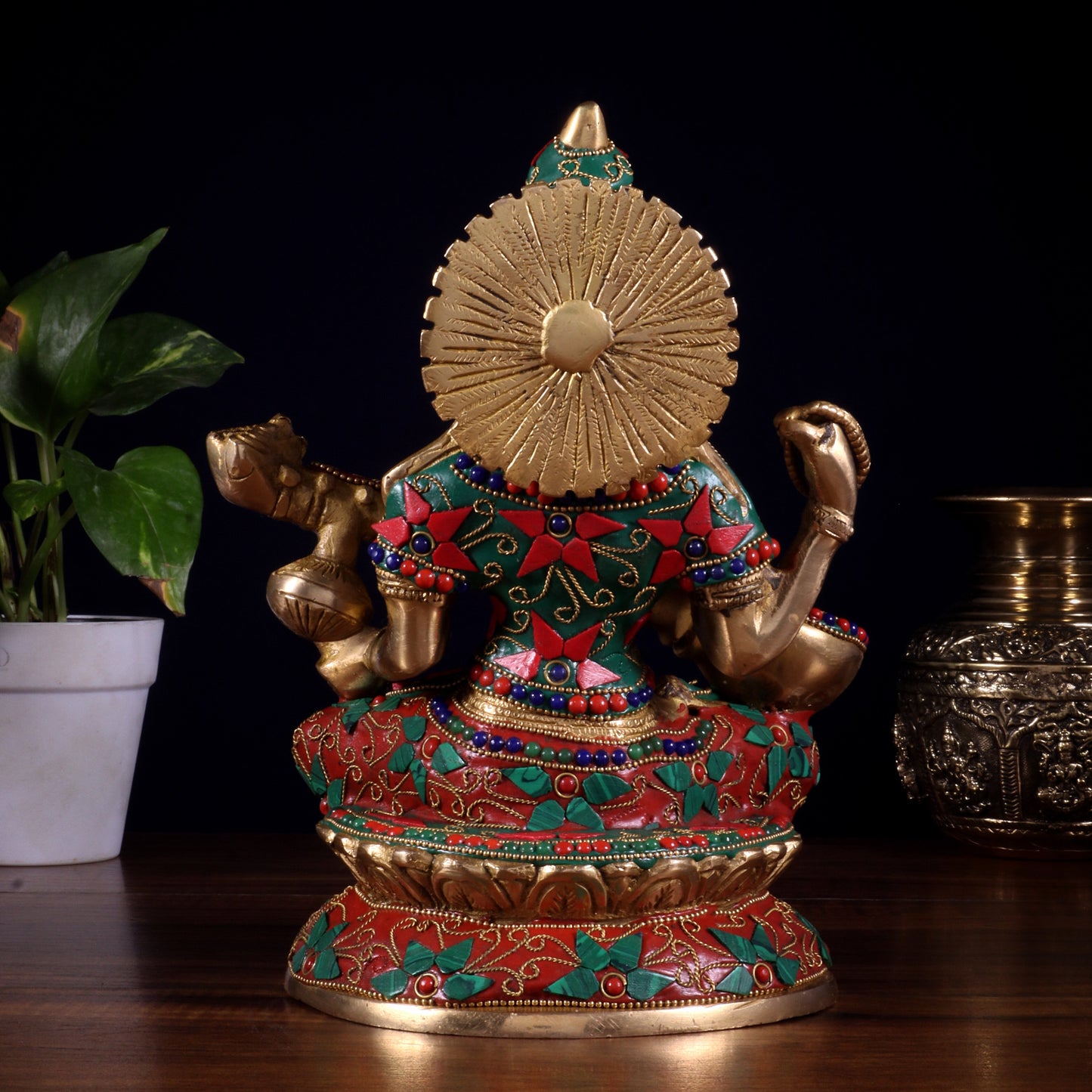 Pure Brass Goddess Saraswati Idol – Intricate Floral Stonework 9 Inch