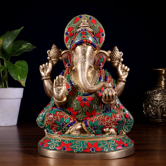 Pure Brass Lord Ganesha Statue – Unique Floral Stonework (8 Inch)