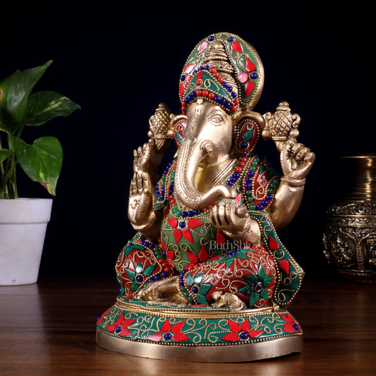 Pure Brass Lord Ganesha Statue – Unique Floral Stonework (8 Inch)