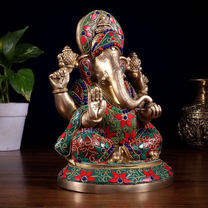 Pure Brass Lord Ganesha Statue – Unique Floral Stonework (8 Inch)