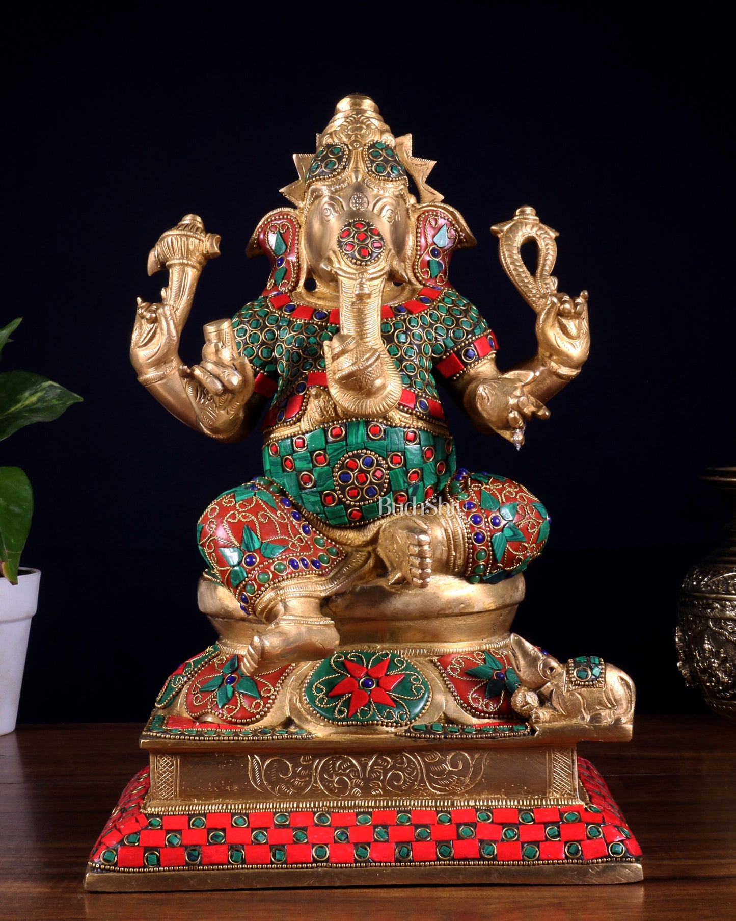 Pure Brass Vinayaka Ganapati Statue – Right Trunk valampuri | Intricate Floral Stonework (13 Inch)