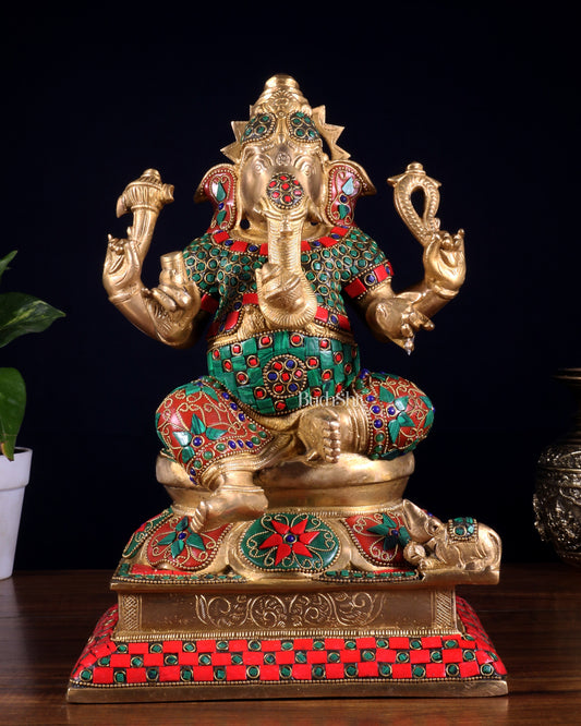 Pure Brass Vinayaka Ganapati Statue – Right Trunk valampuri | Intricate Floral Stonework (13 Inch)