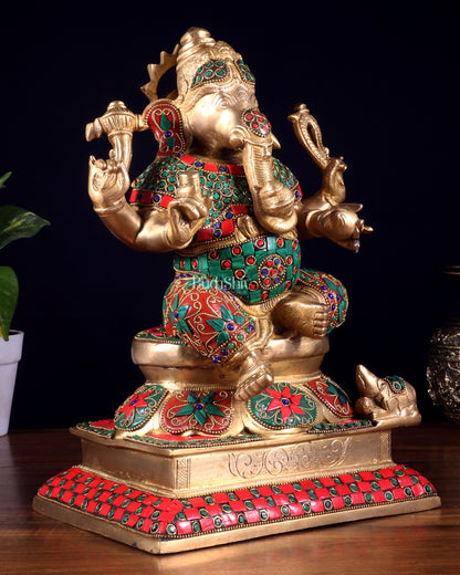Pure Brass Vinayaka Ganapati Statue – Right Trunk valampuri | Intricate Floral Stonework (13 Inch)