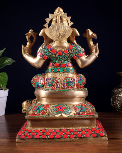 Pure Brass Vinayaka Ganapati Statue – Right Trunk valampuri | Intricate Floral Stonework (13 Inch)