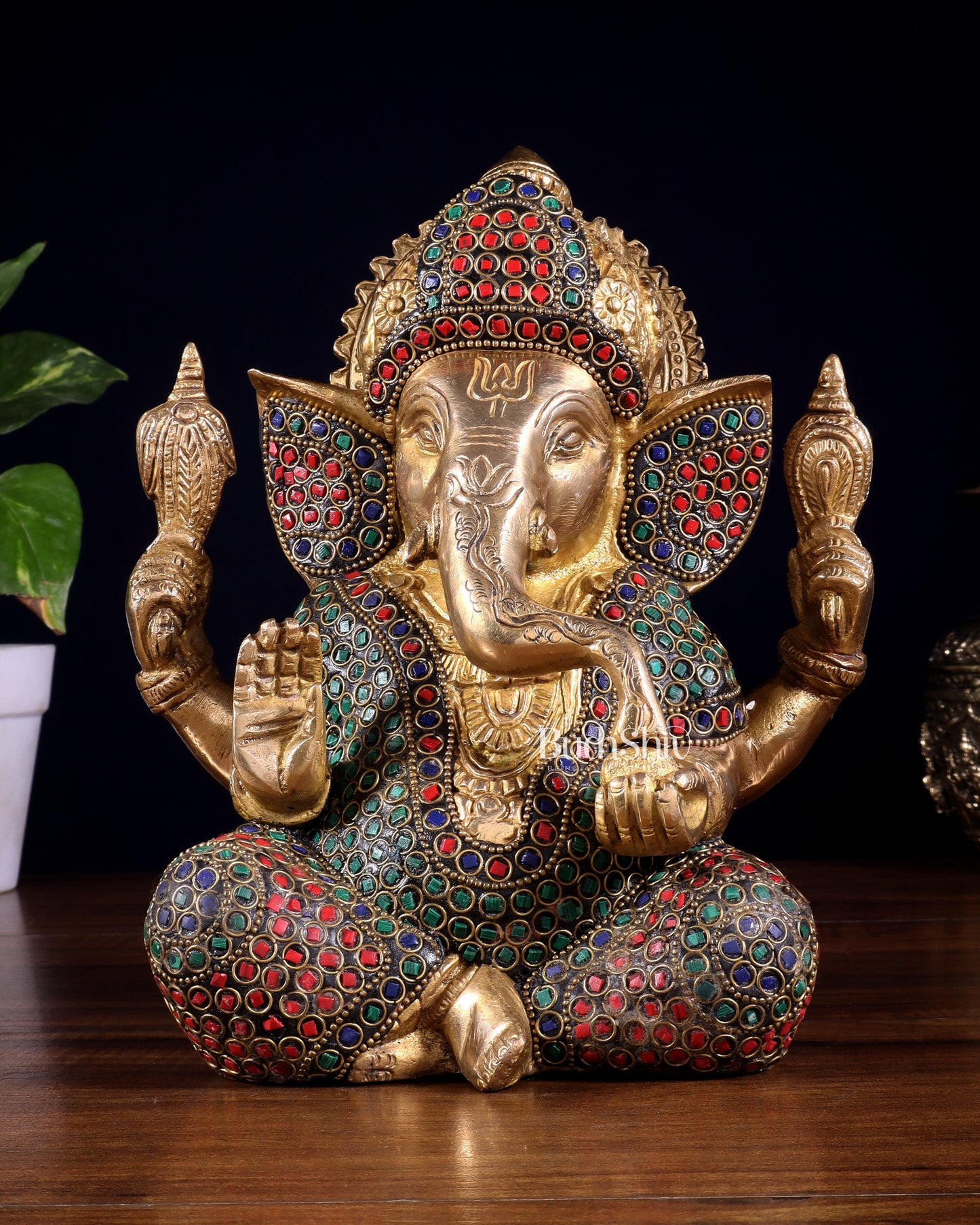 Pure Brass Lord Ganesha Statue with Rings & Stonework – 7.5 Inch