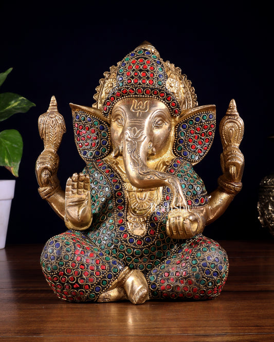 Pure Brass Lord Ganesha Statue with Rings & Stonework – 7.5 Inch