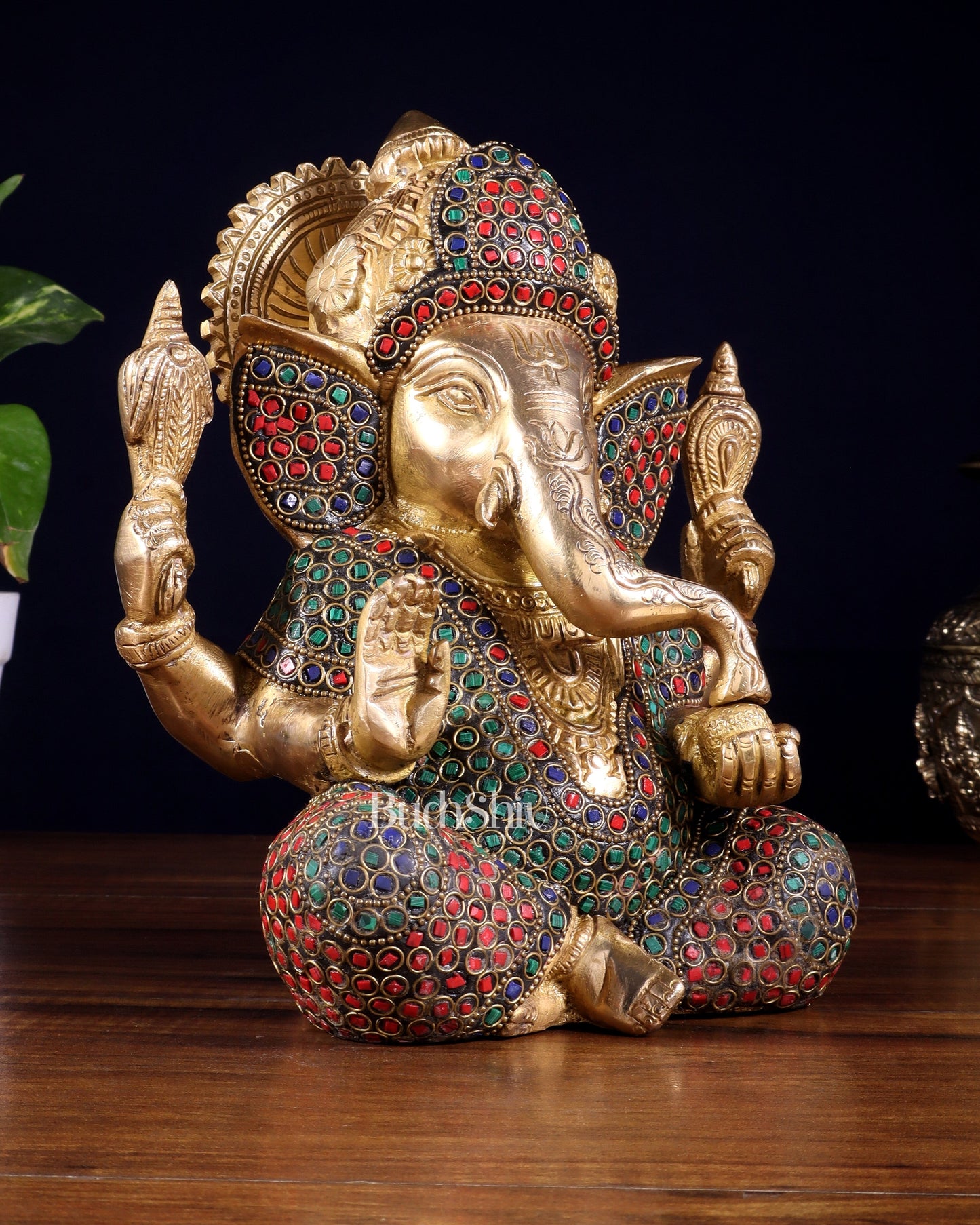 Pure Brass Lord Ganesha Statue with Rings & Stonework – 7.5 Inch