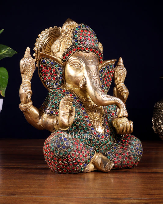 Pure Brass Lord Ganesha Statue with Rings & Stonework – 7.5 Inch