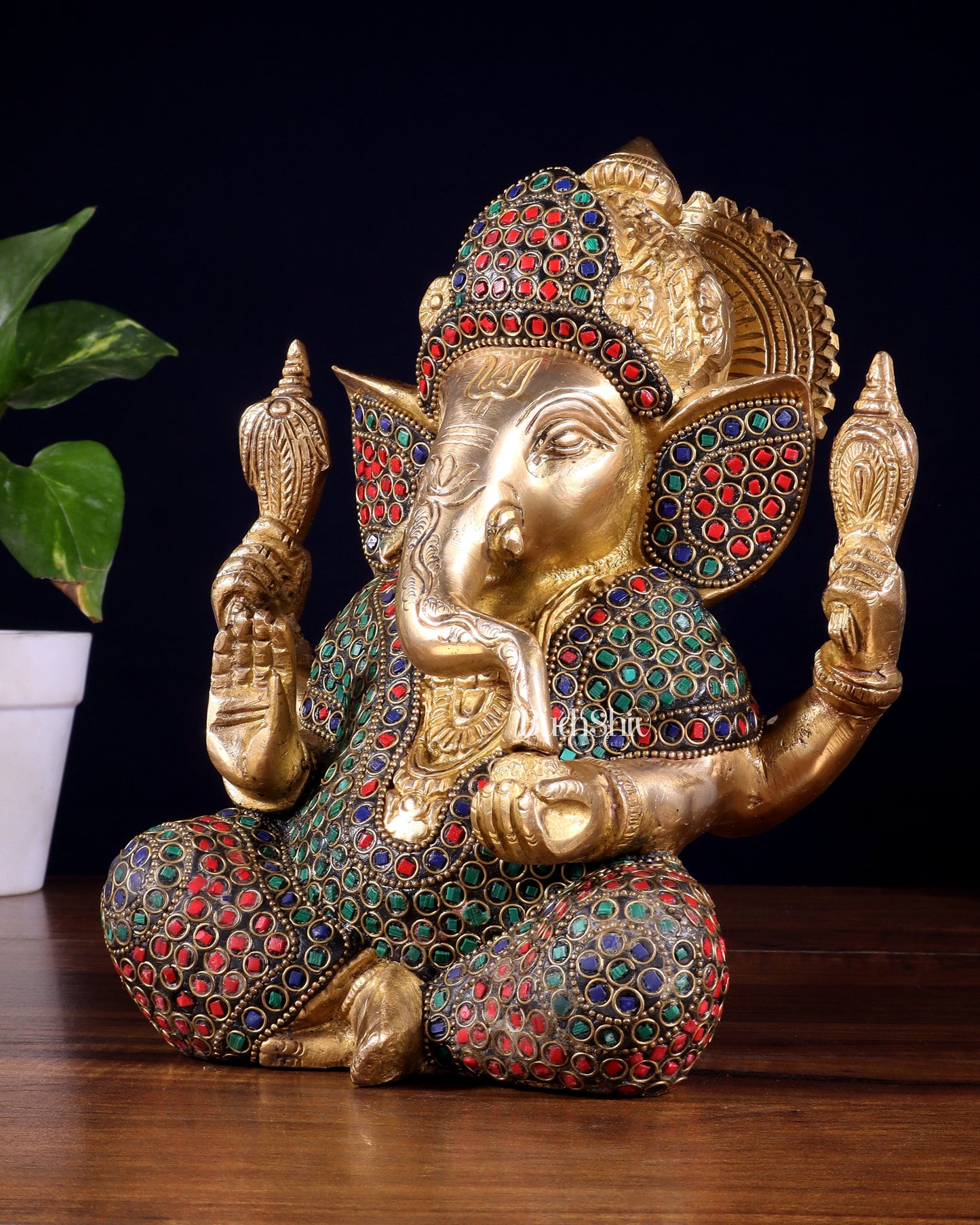 Pure Brass Lord Ganesha Statue with Rings & Stonework – 7.5 Inch