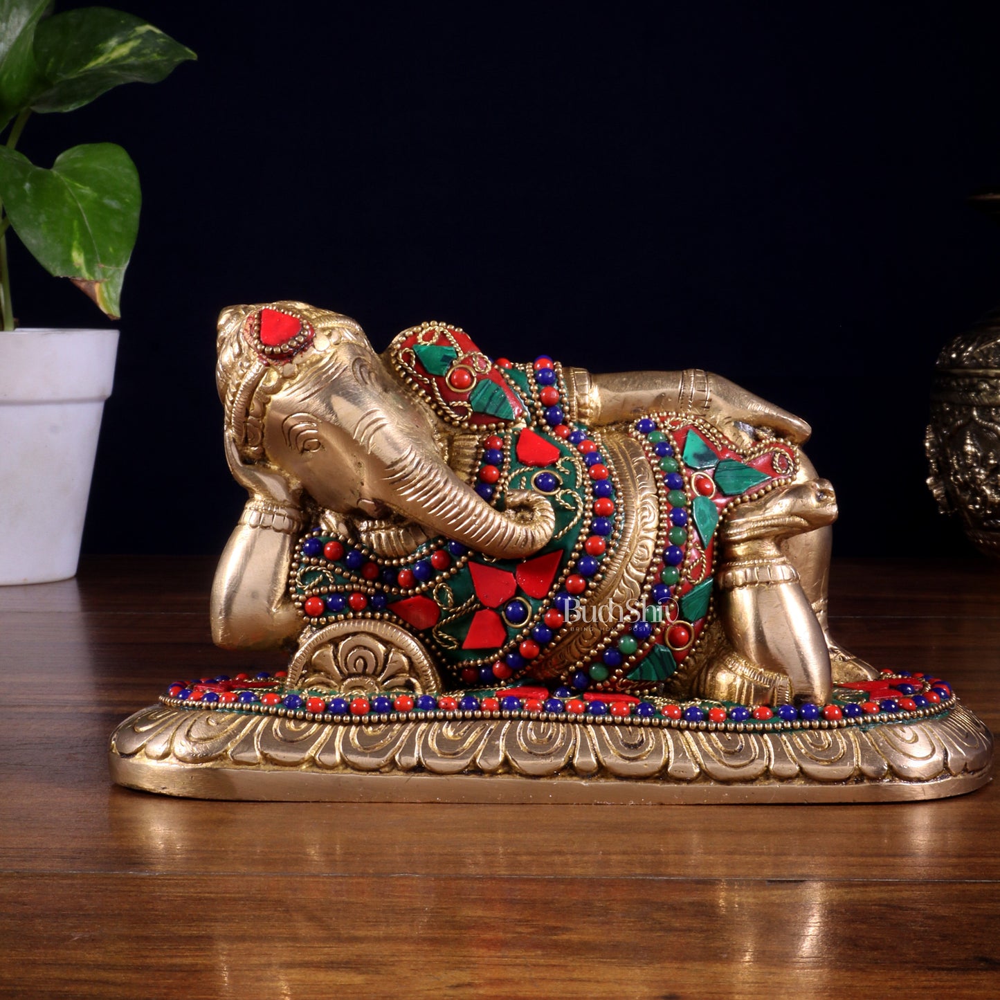 Brass Resting Lord Ganesha Statue 7.5" floral stonework