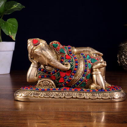 Brass Resting Lord Ganesha Statue 7.5" floral stonework