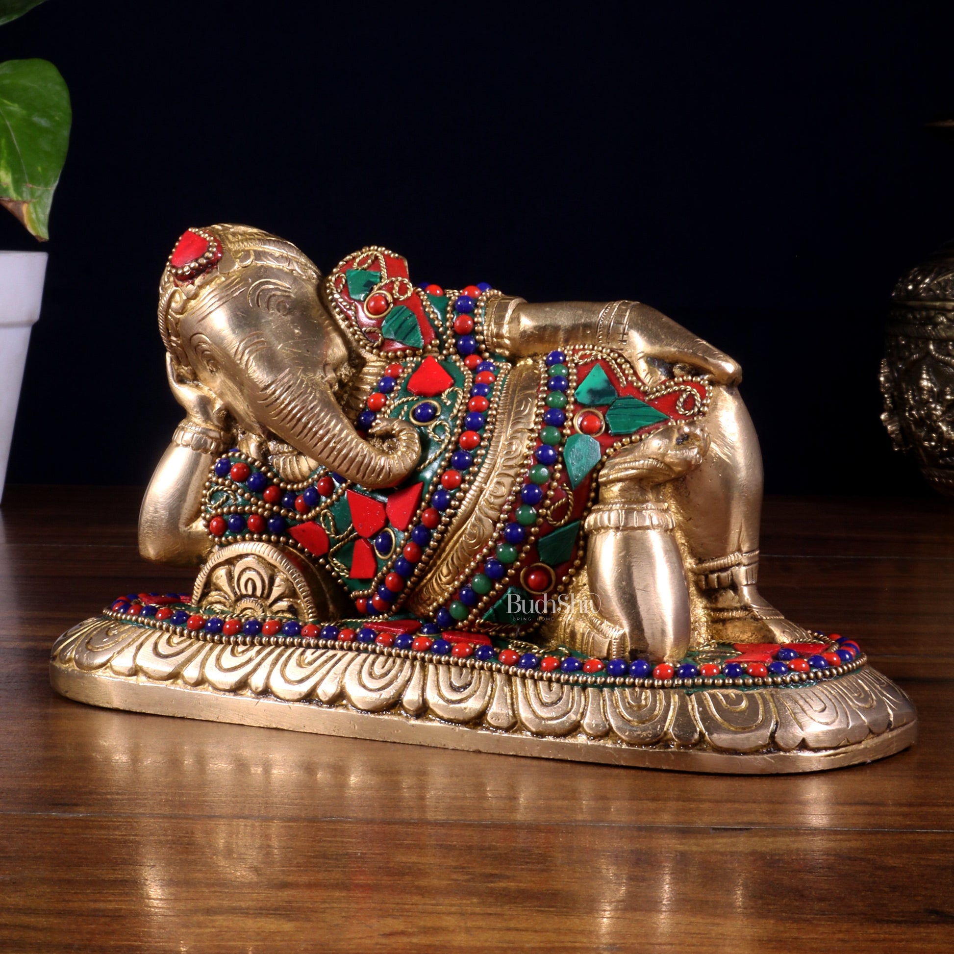 Brass Resting Lord Ganesha Statue 7.5" floral stonework