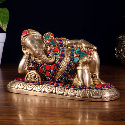 Brass Resting Lord Ganesha Statue 7.5" floral stonework