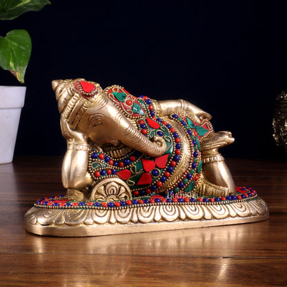 Brass Resting Lord Ganesha Statue 7.5" floral stonework