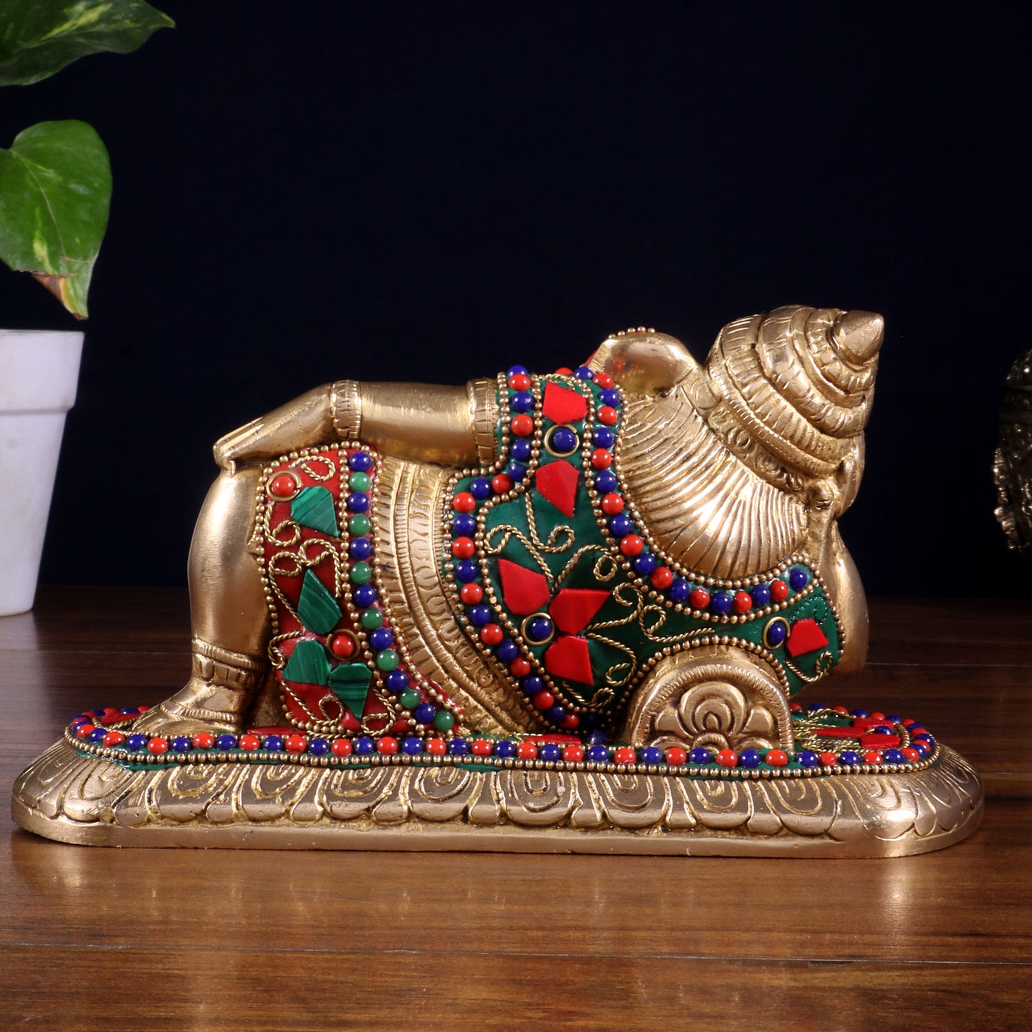 Brass Resting Lord Ganesha Statue 7.5" floral stonework