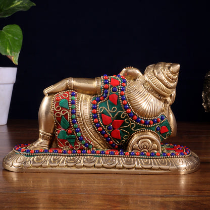 Brass Resting Lord Ganesha Statue 7.5" floral stonework