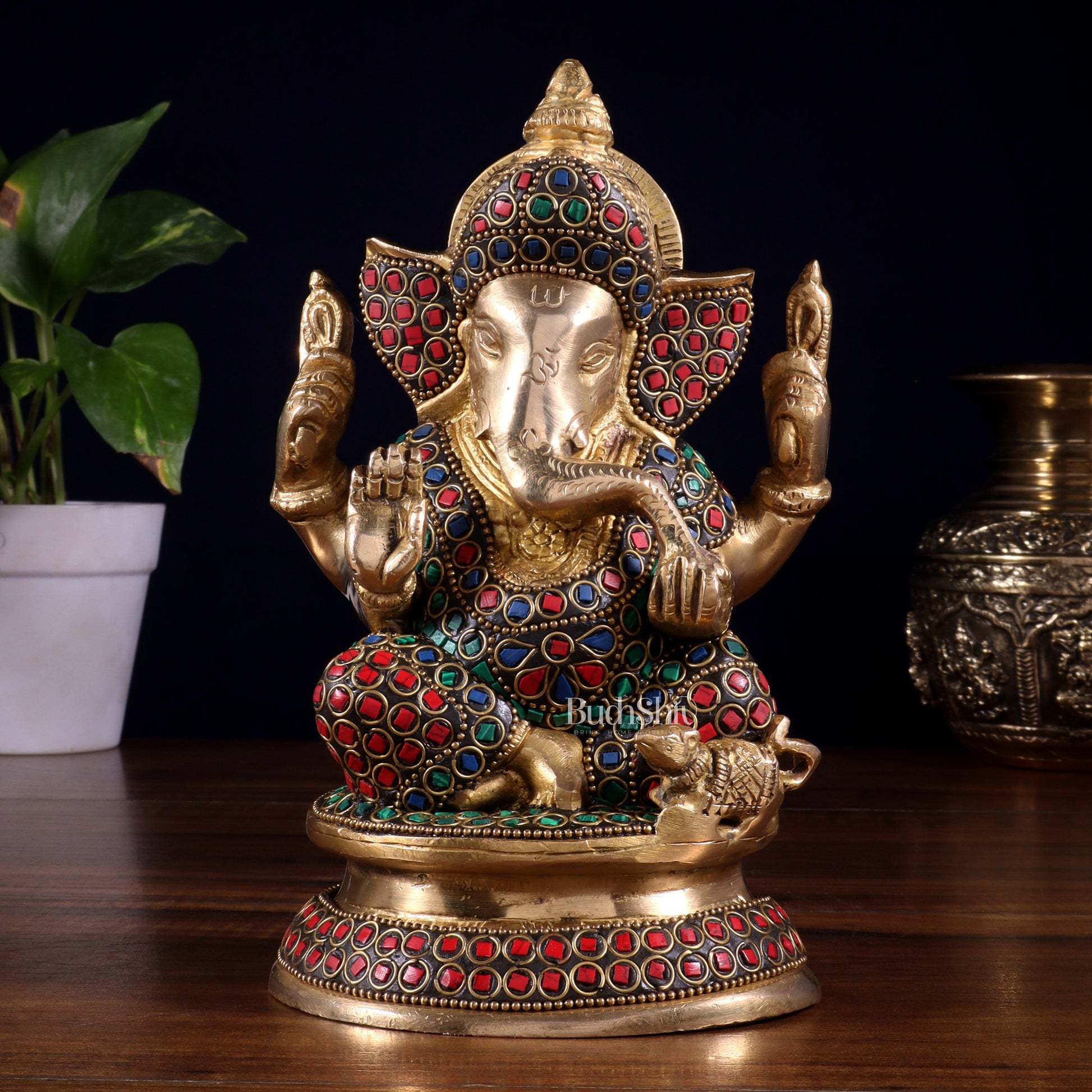Pure Brass Taj Ganesha Statue with Round Base 7" with stonework