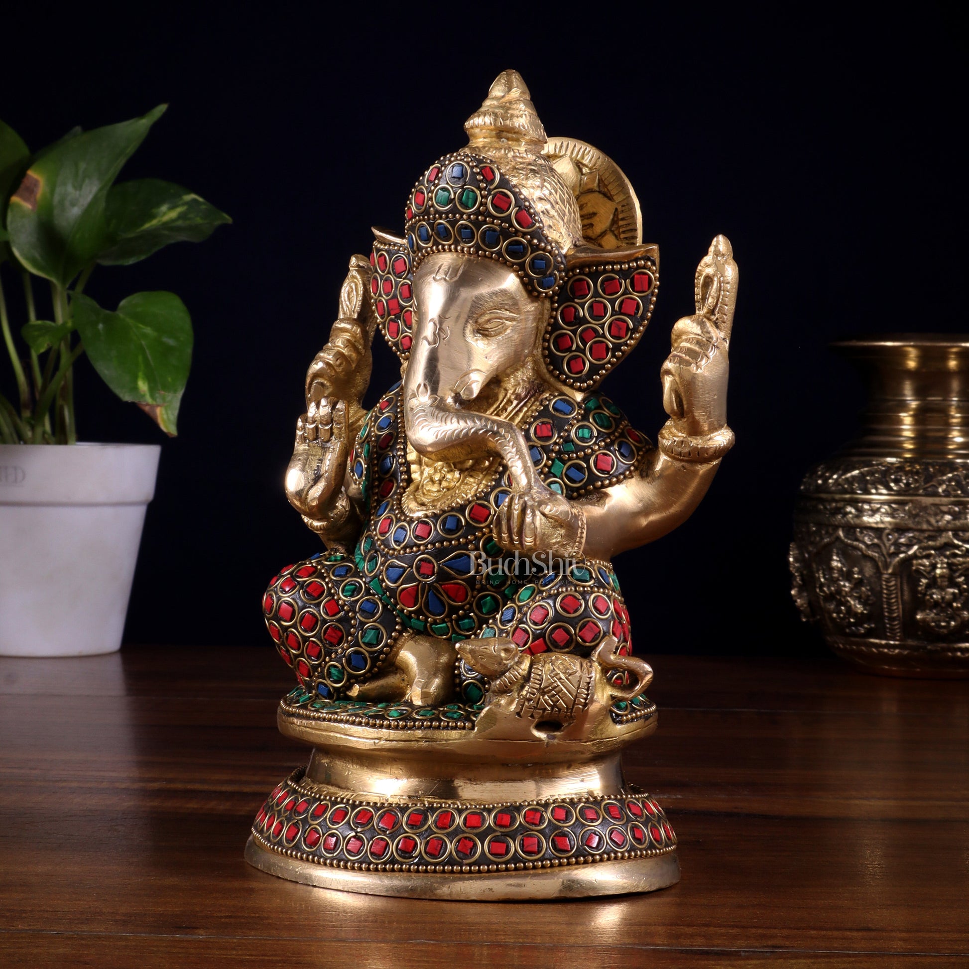 Pure Brass Taj Ganesha Statue with Round Base 7" with stonework