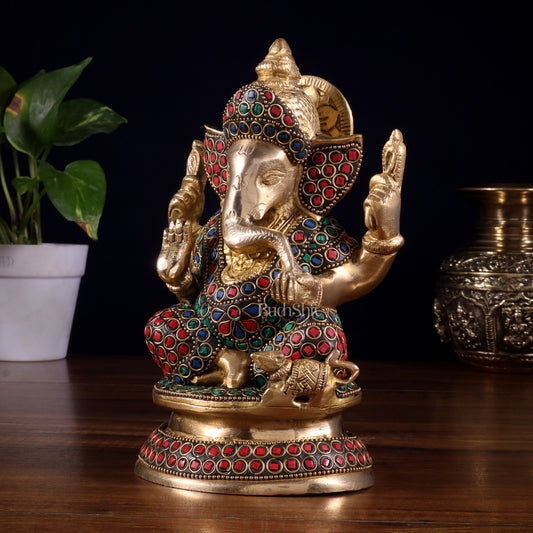 Pure Brass Taj Ganesha Statue with Round Base 7" with stonework