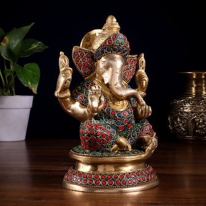 Pure Brass Taj Ganesha Statue with Round Base 7" with stonework