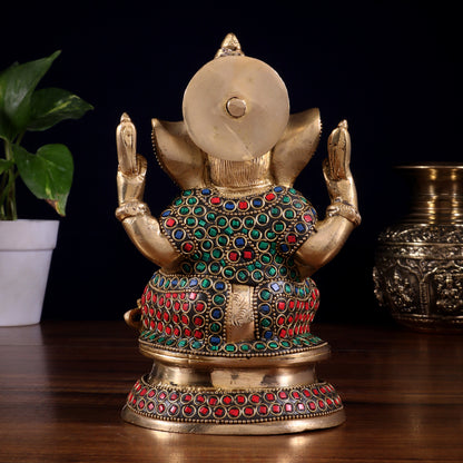Pure Brass Taj Ganesha Statue with Round Base 7" with stonework