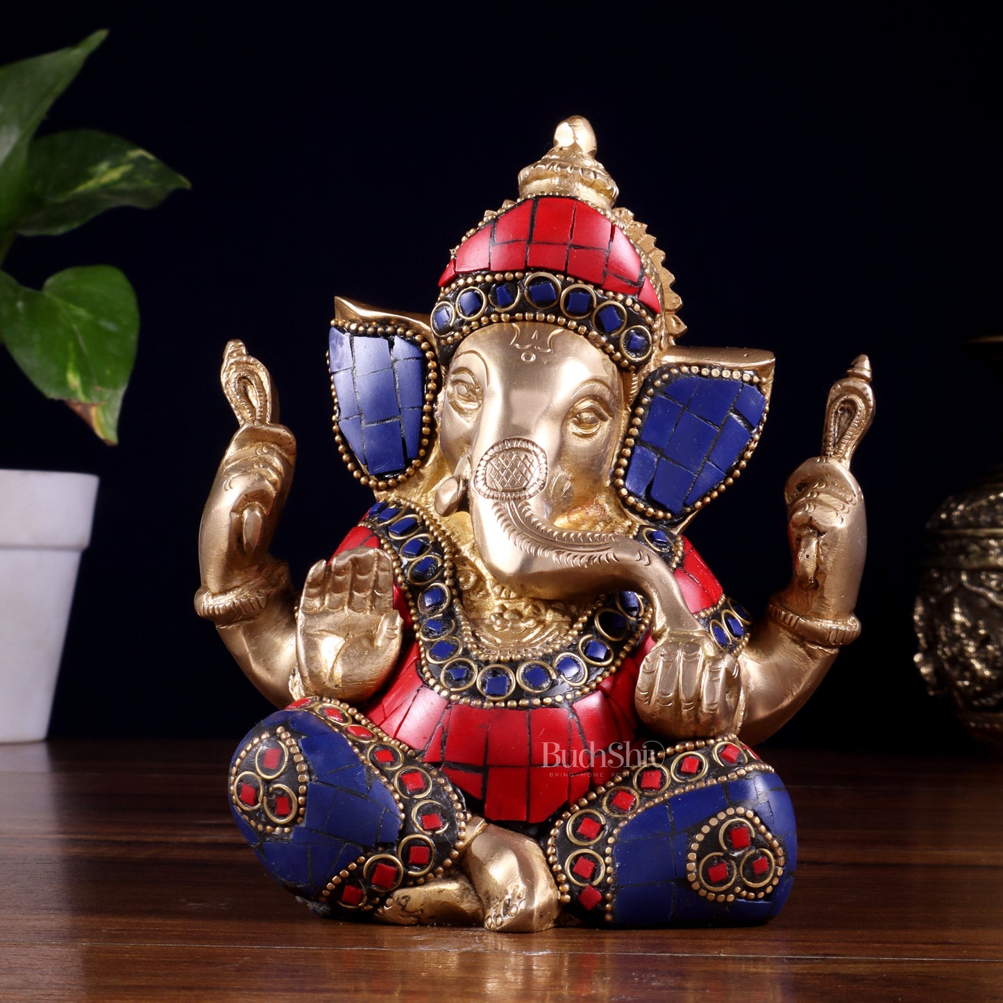 Ganesha Brass Sculpture with stonework 6 inch