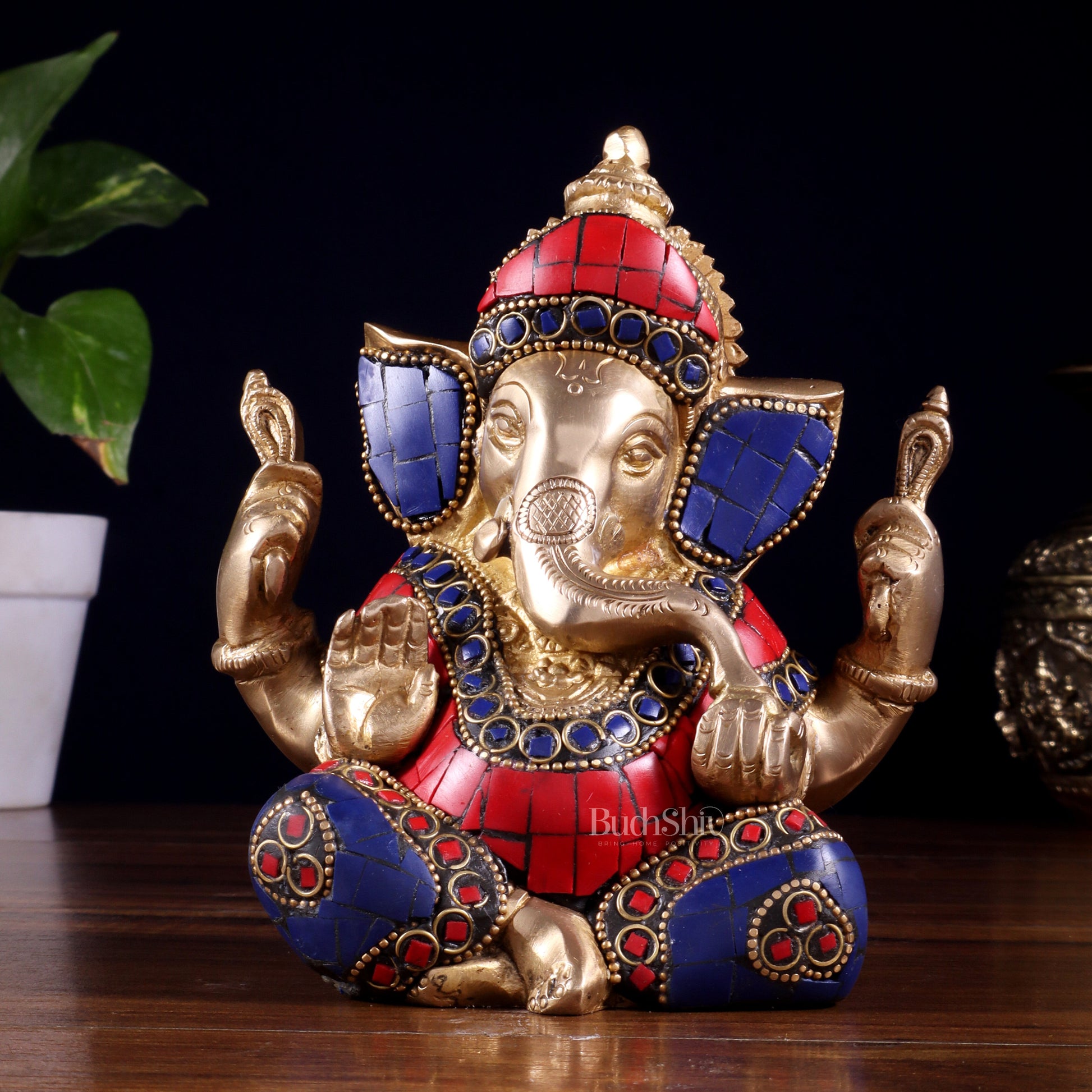 Ganesha Brass Sculpture with stonework 6 inch