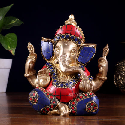 Ganesha Brass Sculpture with stonework 6 inch