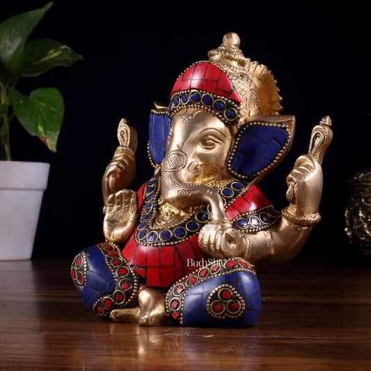 Ganesha Brass Sculpture with stonework 6 inch