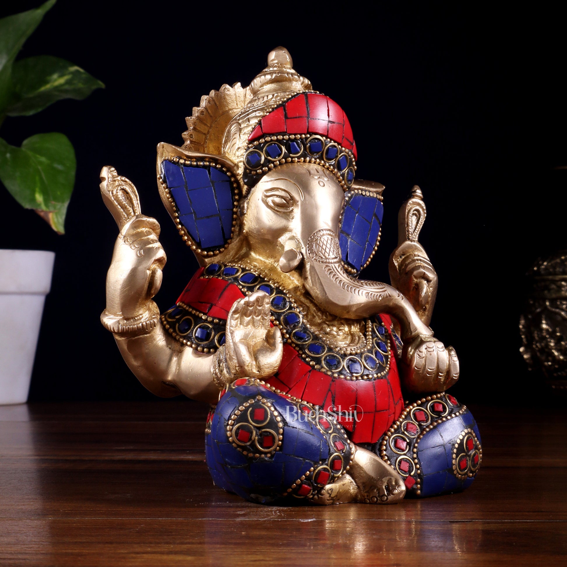 Ganesha Brass Sculpture with stonework 6 inch