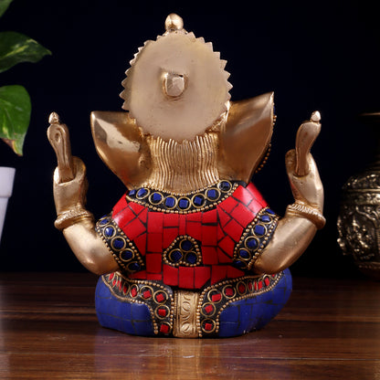 Ganesha Brass Sculpture with stonework 6 inch
