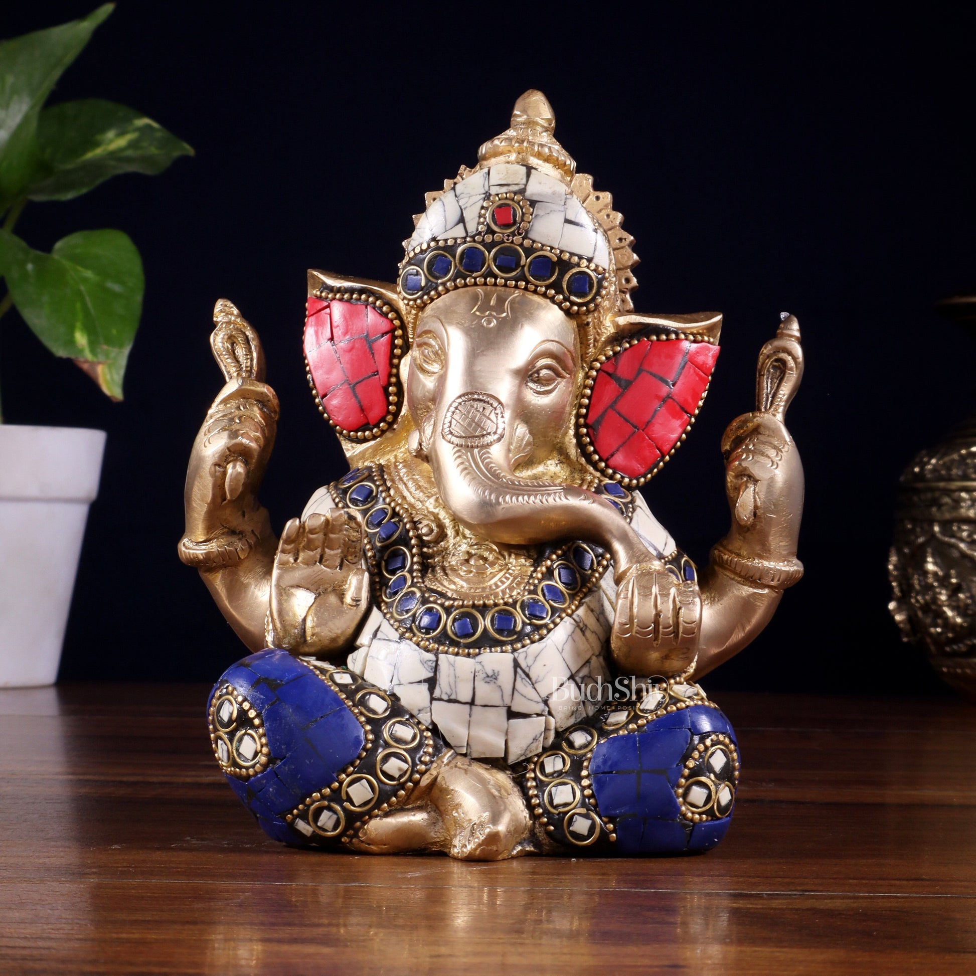 Ganesha Brass statue with stonework 6 inch