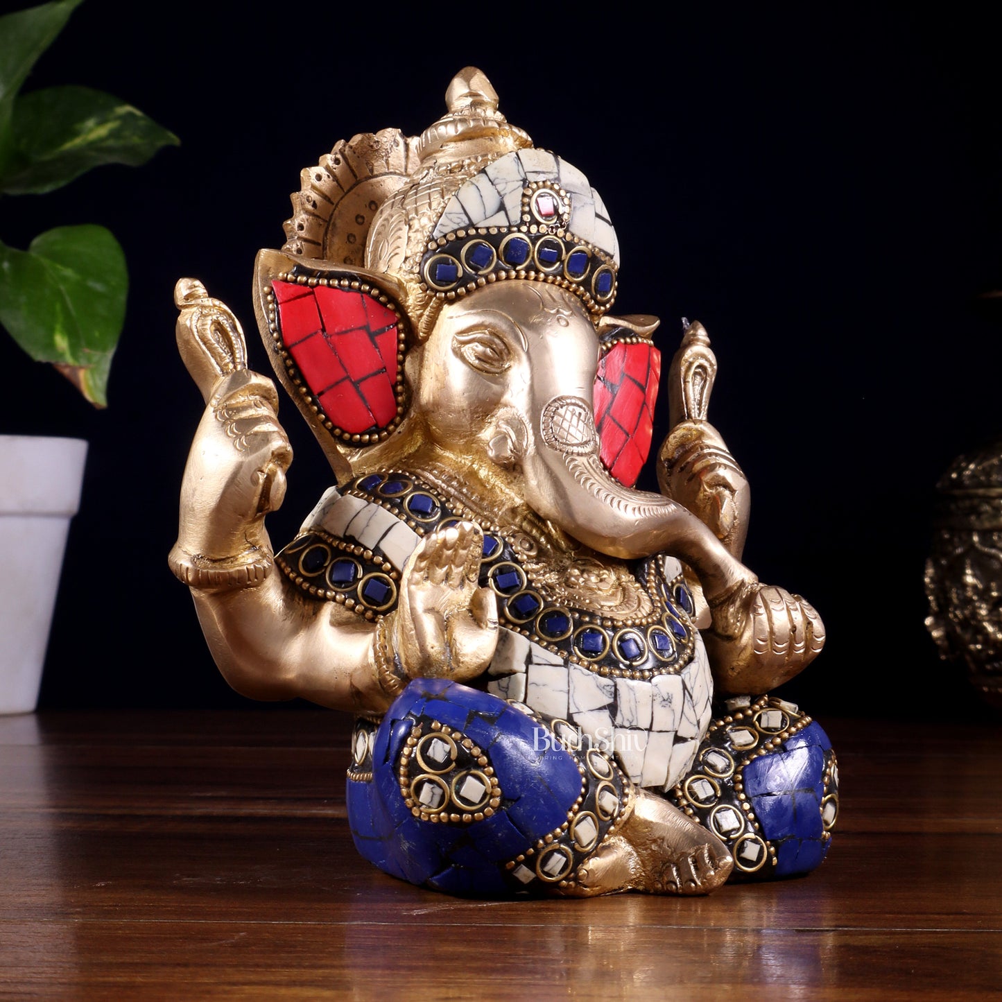 Ganesha Brass statue with stonework 6 inch