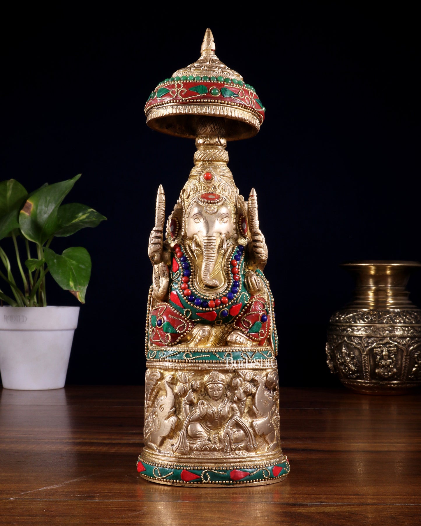 Pure Brass Lord Ganesha Statue with Gajalakshmi Carvings meenakari