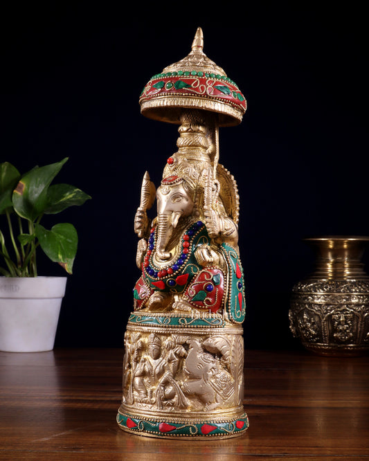 Pure Brass Lord Ganesha Statue with Gajalakshmi Carvings meenakari