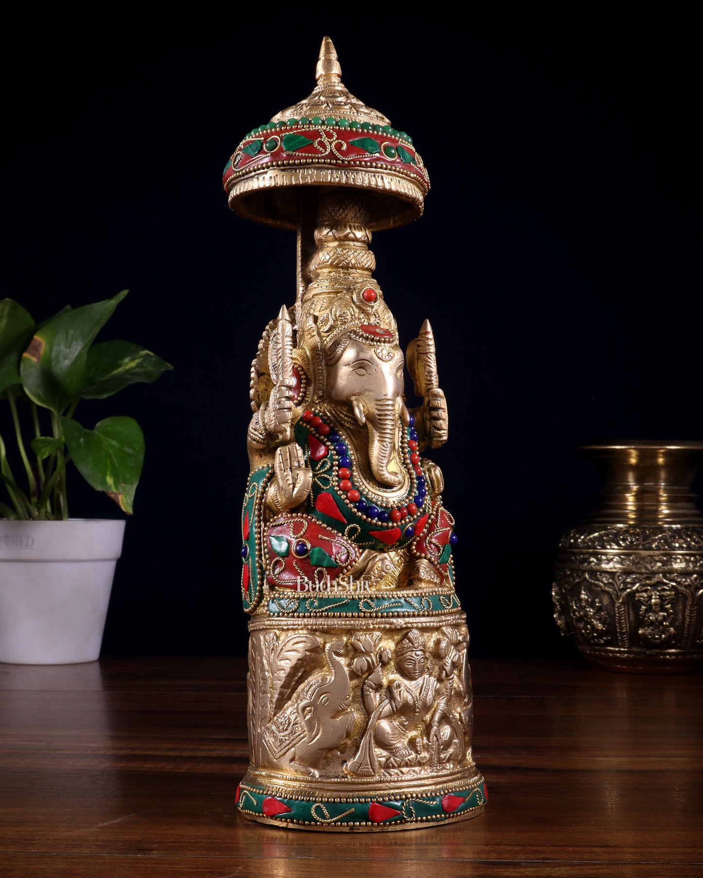Pure Brass Lord Ganesha Statue with Gajalakshmi Carvings meenakari
