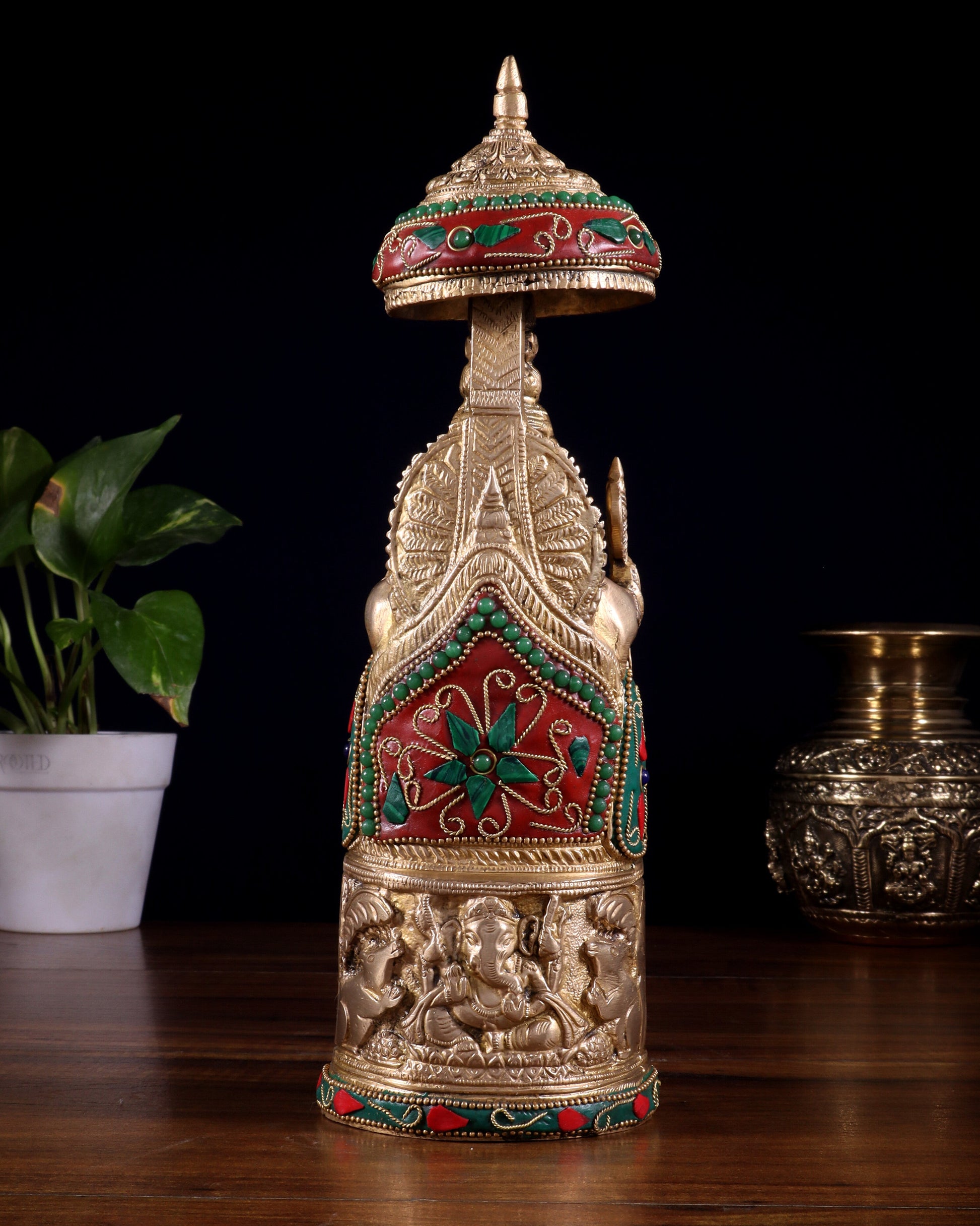 Pure Brass Lord Ganesha Statue with Gajalakshmi Carvings meenakari