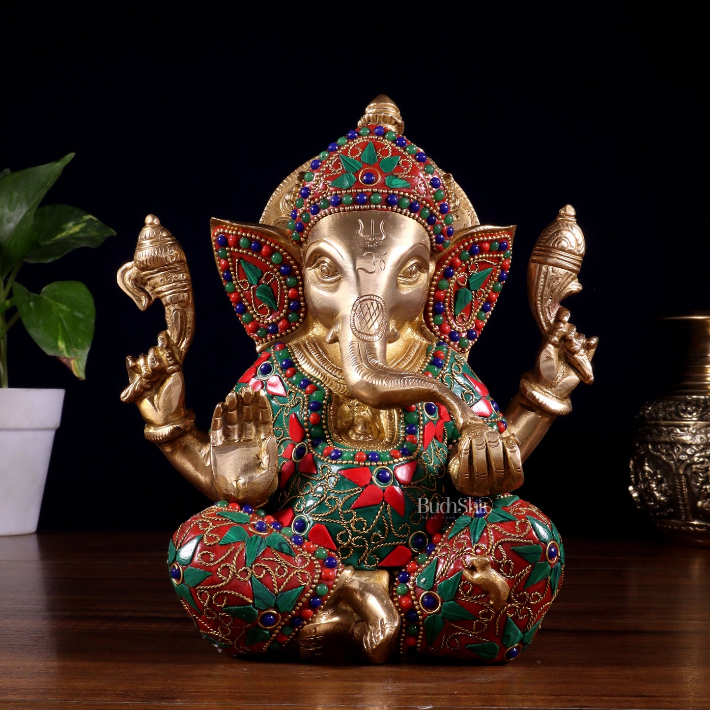 Brass lord Ganesha Idol with Sharp Features - 8 Inch