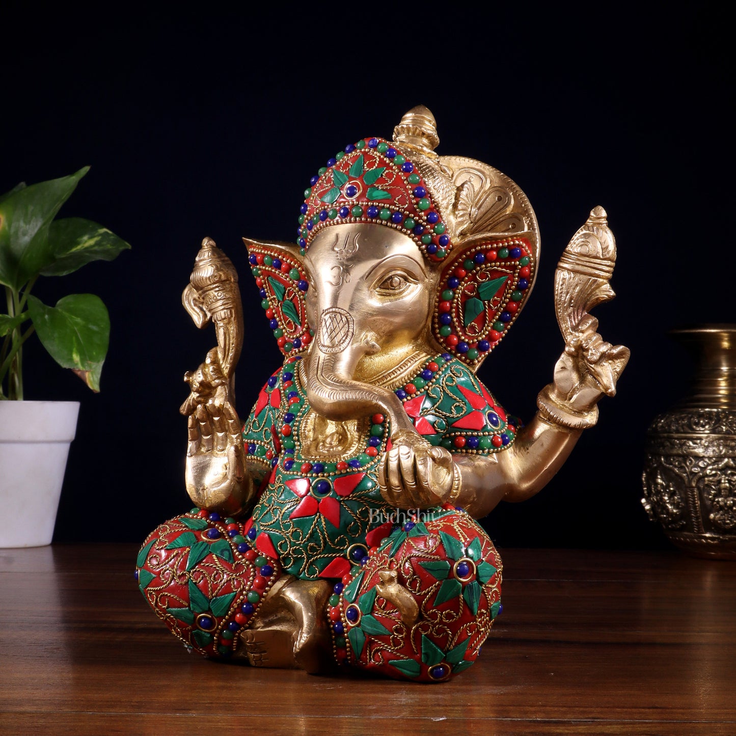 Brass lord Ganesha Idol with Sharp Features - 8 Inch